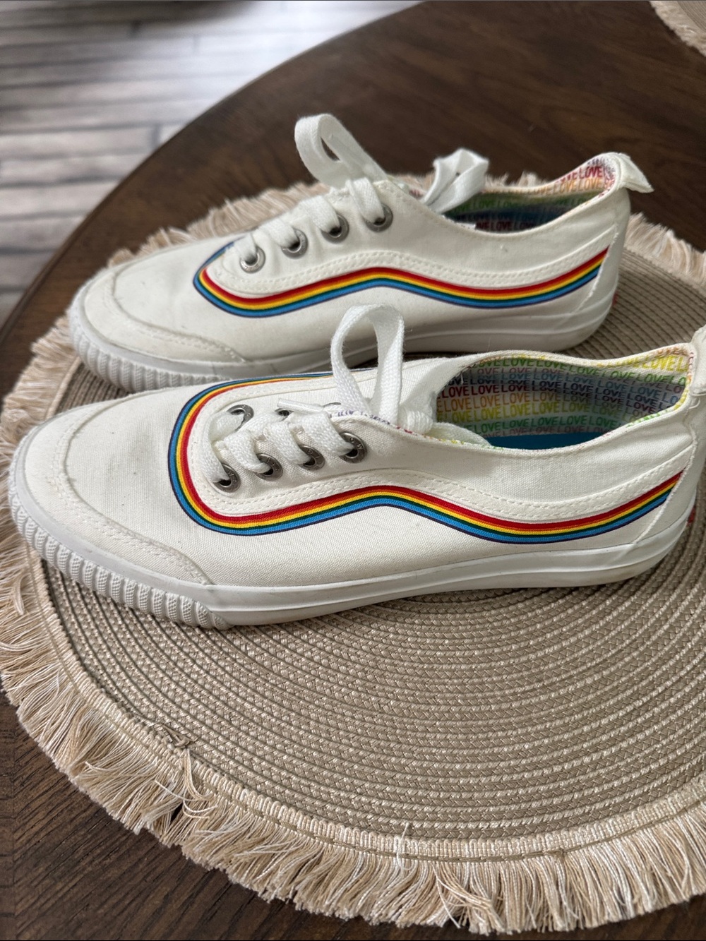 Blowfish White Canvas Sneakers with Rainbow Stripe Trim - Picture 2 of 5